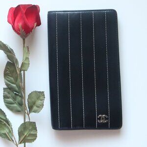 Chanel Black Leather Long Wallet CC Logo Vertical Stitch Continental Wallet